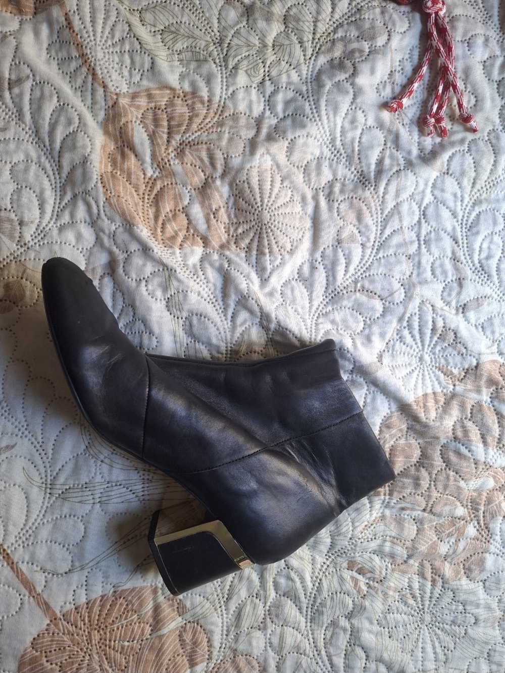 DKNY Black Leather Ankle Boot with Gold Accent Heel